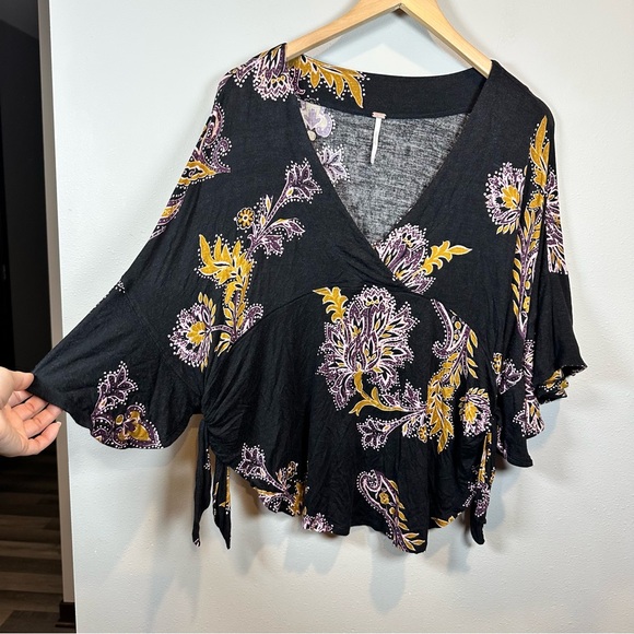Free People Maui Wowie Black Floral Paisley Print Top Boho Side Tie Oversized - Picture 4 of 10